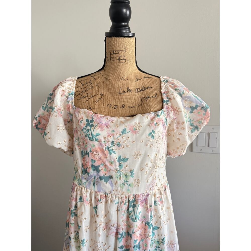 Lovelo Floral Eyelet Tiered Puff Sleeve Midi Dress Size Large - Picture 3 of 6